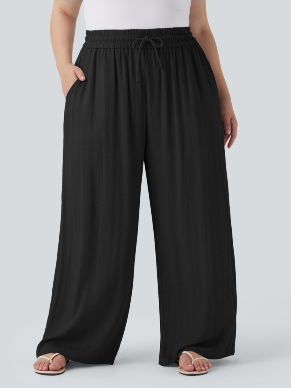 Halara High Waisted Drawstring Linen-Feel Wide Leg Pants w Pockets *BRAND NEW*